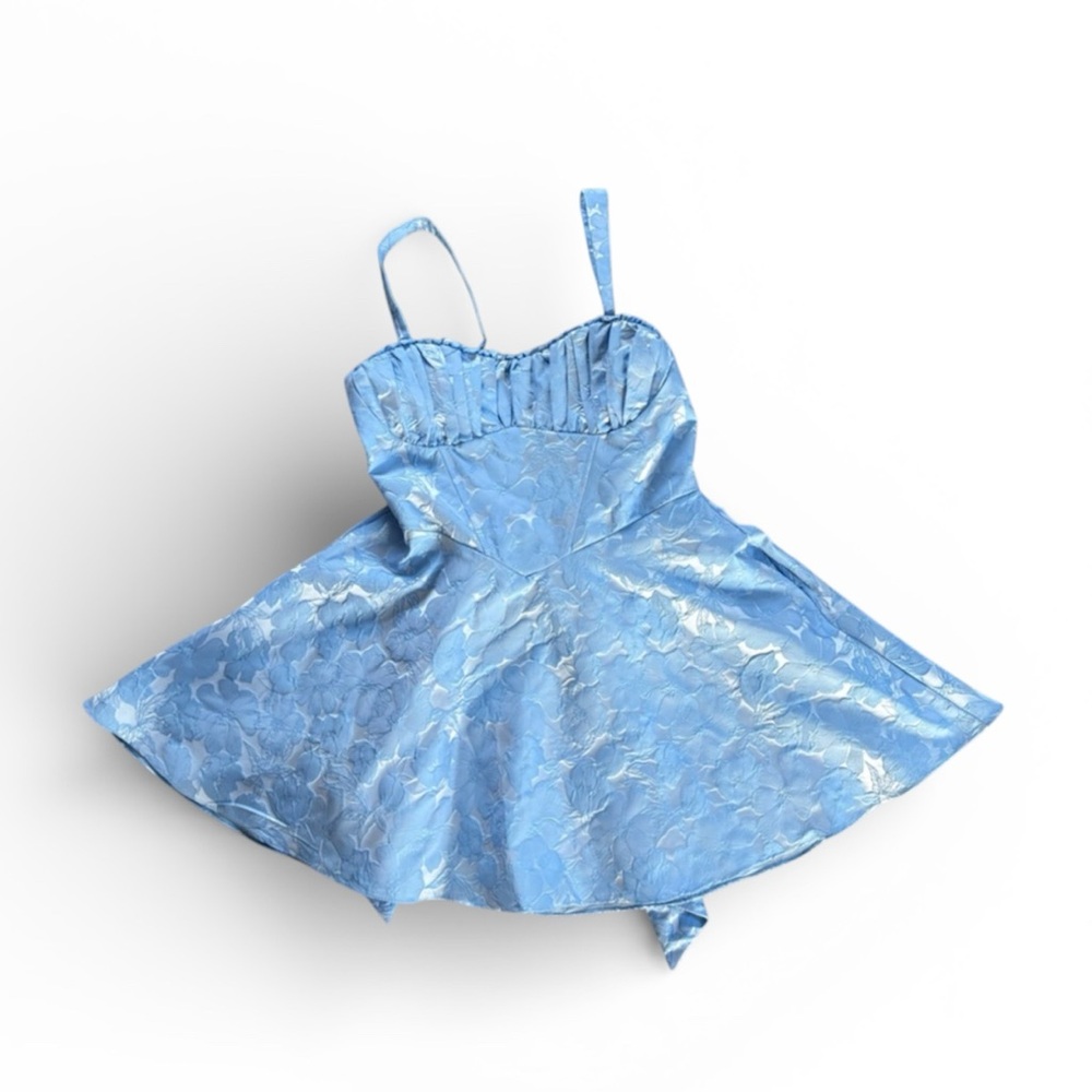 Elegant Blue Floral Dress With Bow